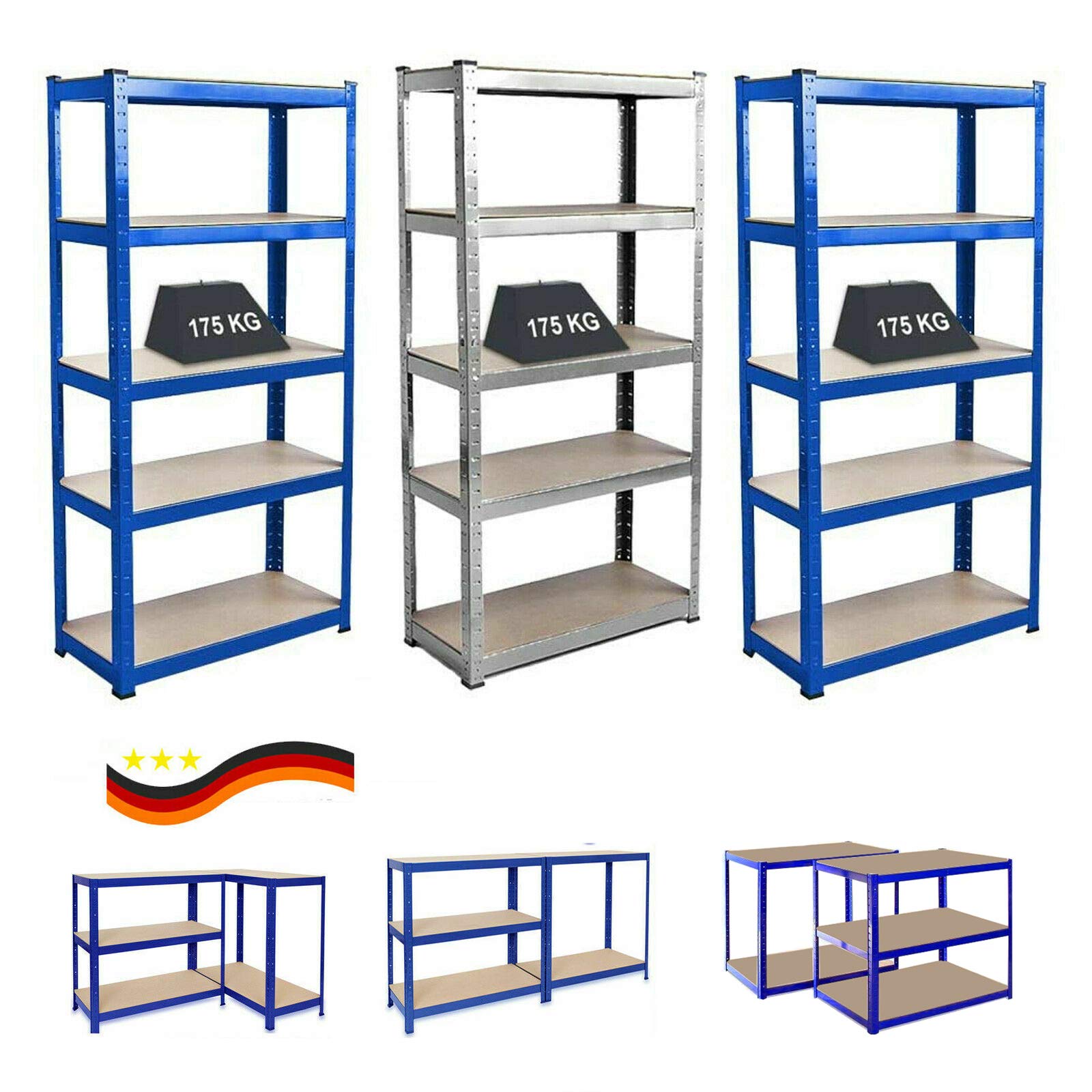 Regał magazynowy 170 x 75 x 30 cm, 5 płyt MDF, regał do dużych obciążeń, metal powłoka antykorozyjna, regał do piwnicy, system wtykowy, regał warsztatowy