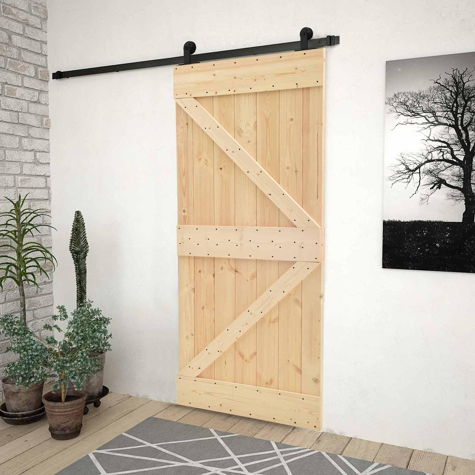 Puerta corredera de madera maciza de pino natural y negro, 80 x 210 cm, con riel de acero pulverizado, ahorra espacio para interiores, incluye herrajes y material de montaje