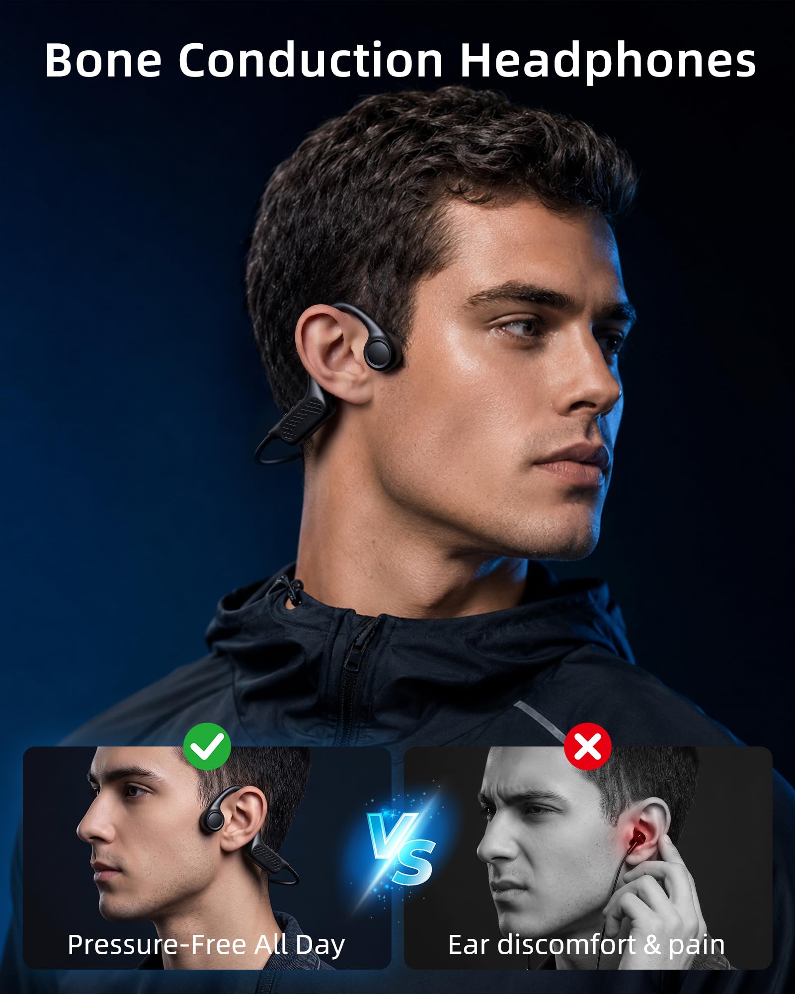 Casque à conduction osseuse, Bluetooth 6.0, casque de sport sans fil avec 10 heures de lecture, confort léger, étanchéité IP54, pour cyclisme, gym, course à pied (noir)