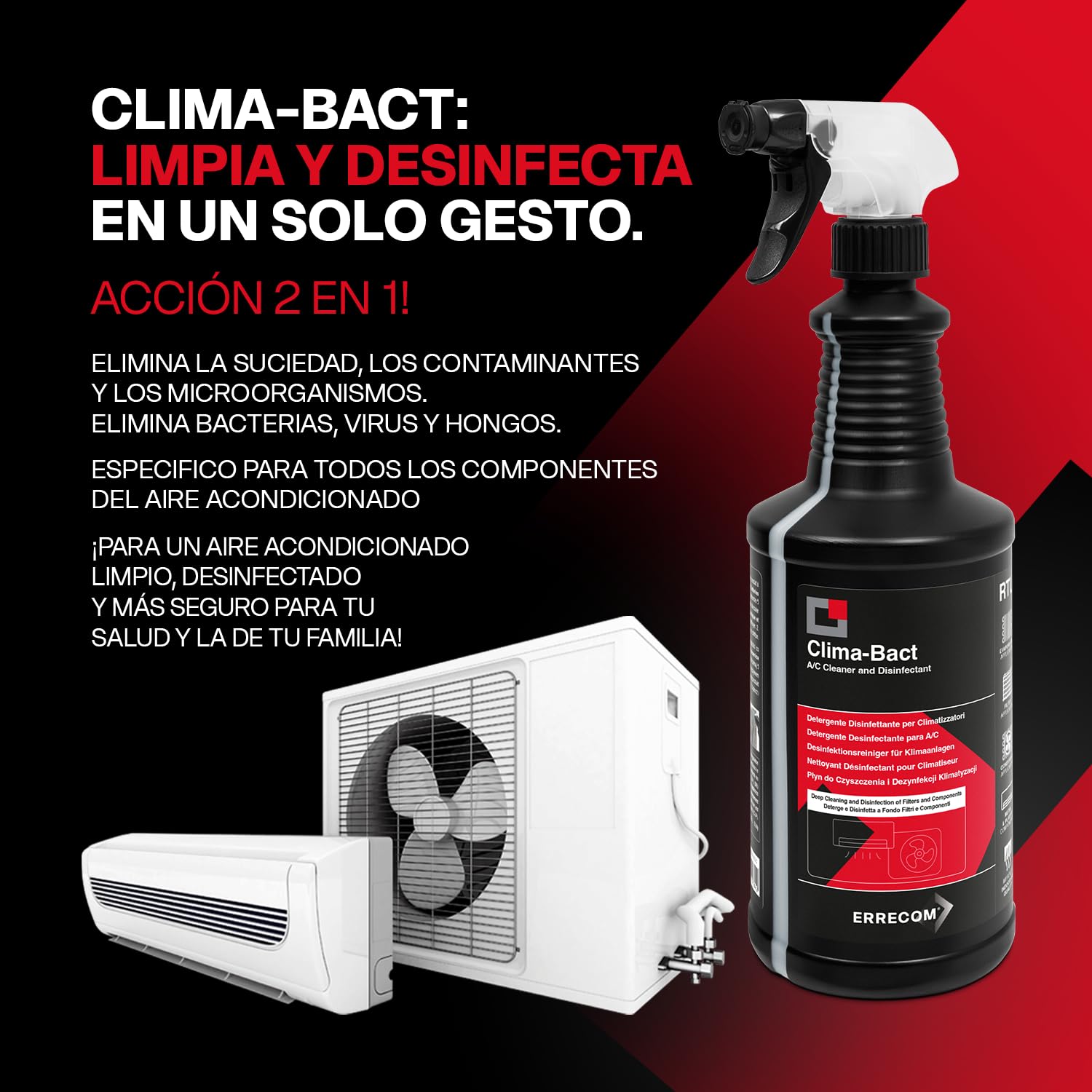 Errecom Kit Limpieza Y Desinfección A/C, Clima-Bact Detergente Desinfectante Biocida Registrado 1 L + Wally Funda Protección Split + A/C Tabs 40 Pastillas De Acción Prolongada