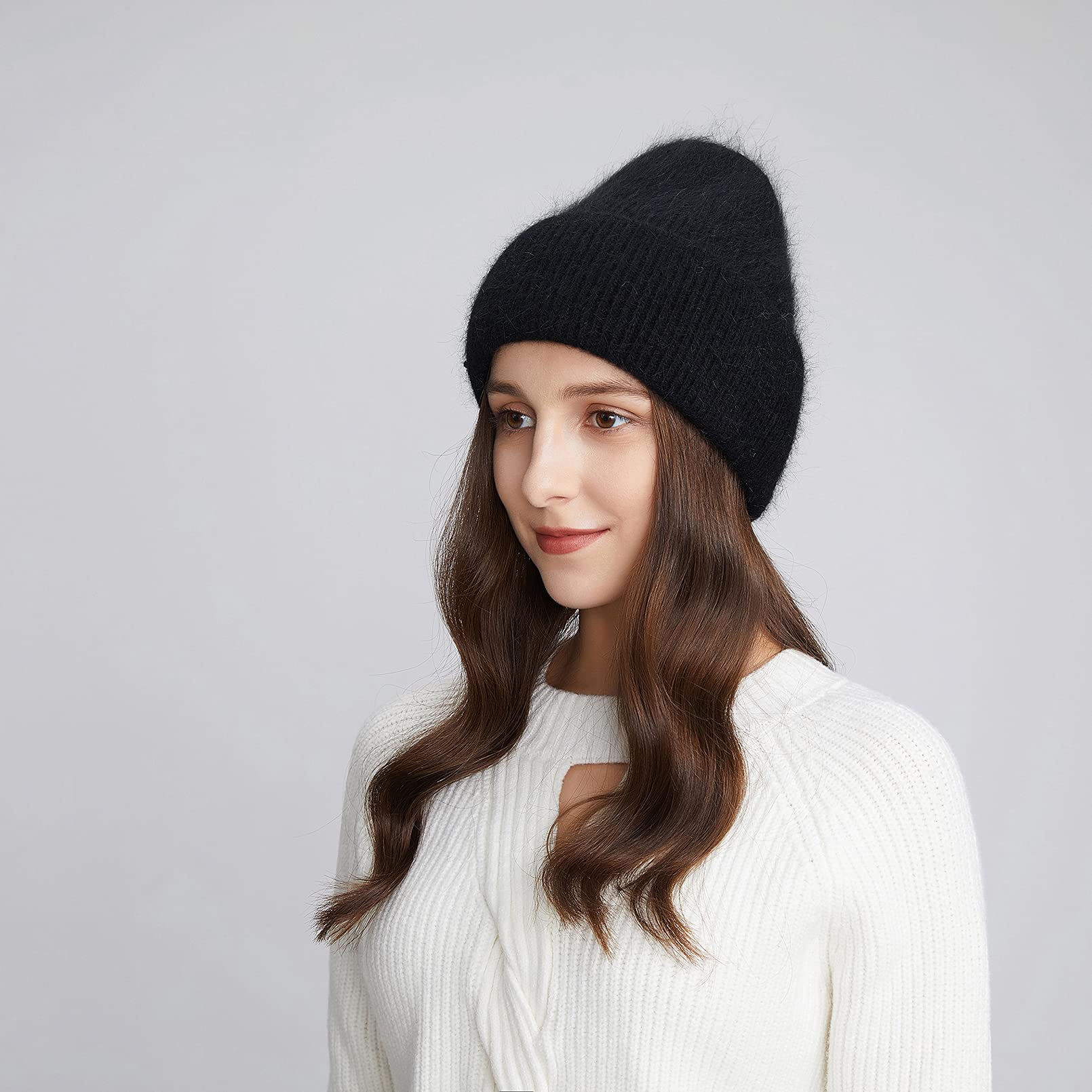 BeFur Bonnet à pompon en cachemire pour femme - Chaud - Côté large avec strass - Pour l'hiver, Noir , Taille unique