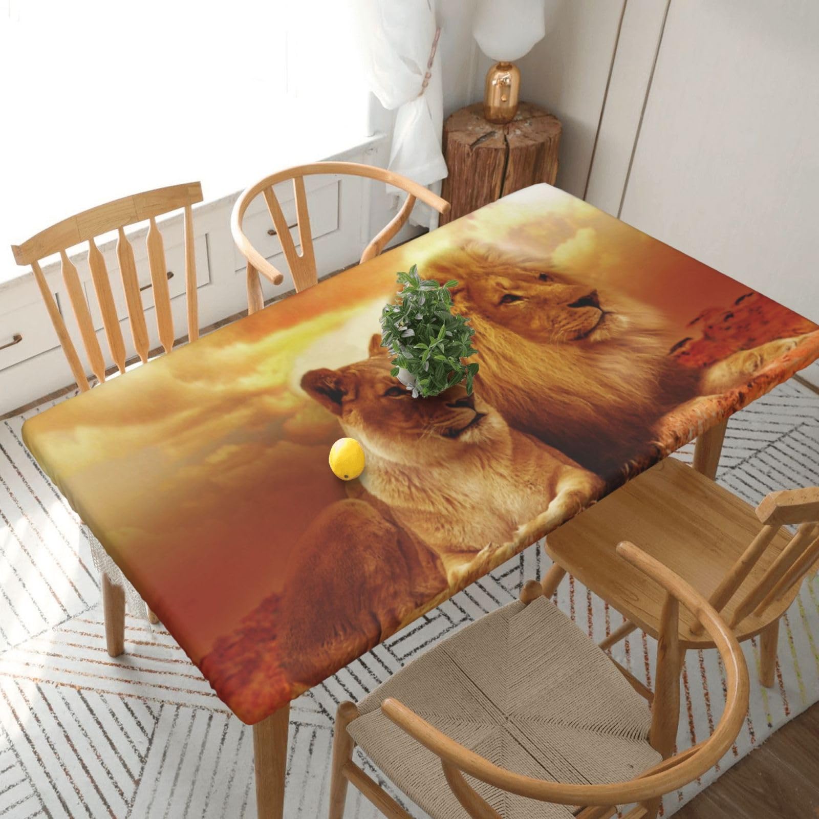 DCEHGEW Elastic Fitted Rectangle Tablecloth for 5ft Tables, African Lion and Lioness Printed Oilproof & Washable Fabric Picnic Table Cloth Table Covers