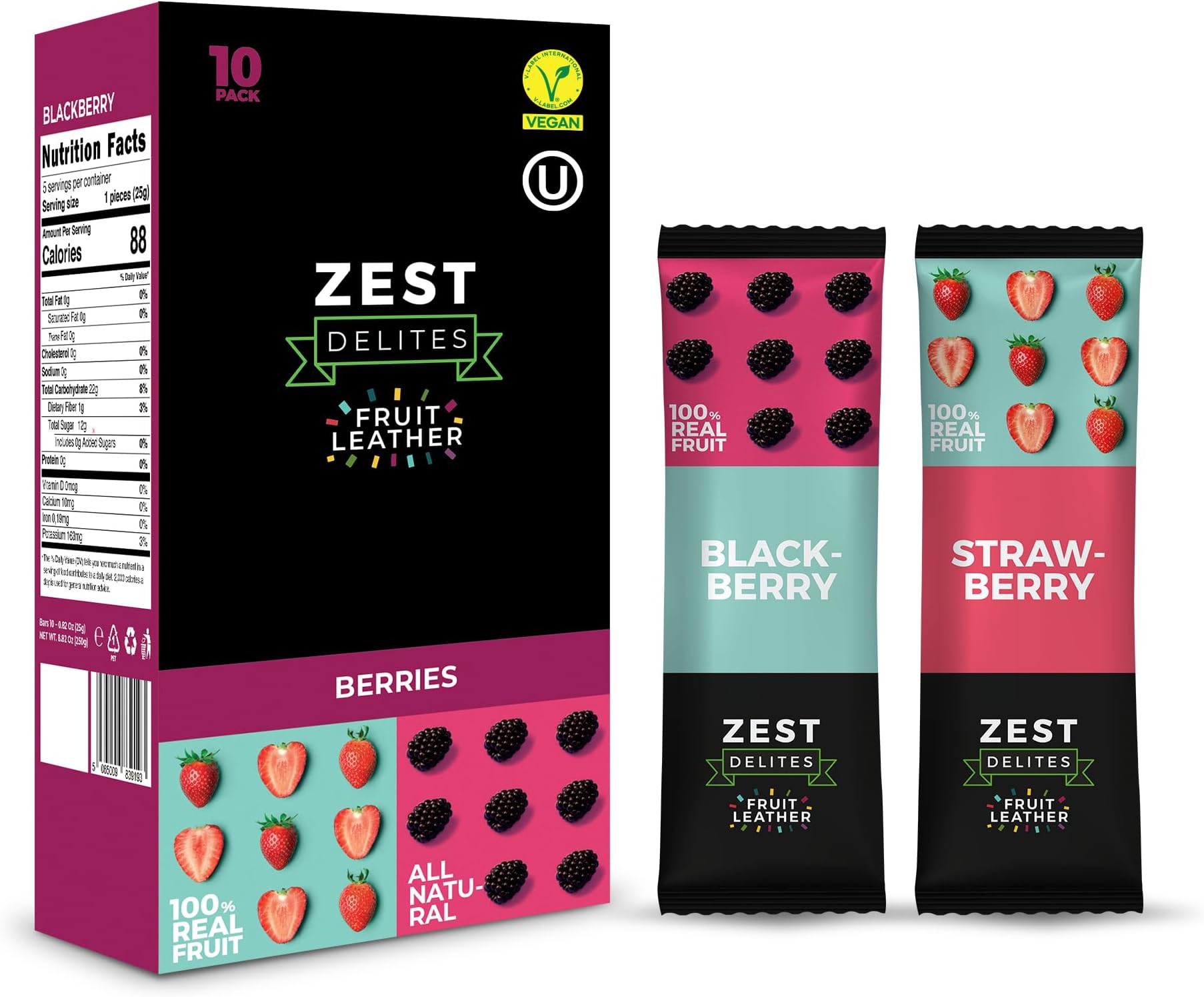 Zest Delites, Dry Fruit Additives, Sugar Free, Pack of 10, Gluten Free, Sugar Free Sweets, Diet Treats, Fruit Bar, Additive-Free, Mixed Dry Snacks, Healthy Treats, Gift Assorted Pack, Strawberry, Blackberry