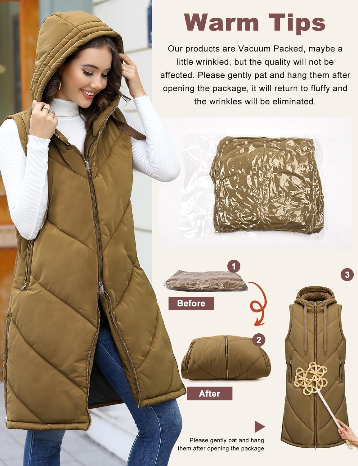 HEEKPEK Womens Puffer Vest Sleeveless Hooded Long Puffy Vests Zip Up Quilted Thick Winter Jackets Outerwear with Pockets - Image 6