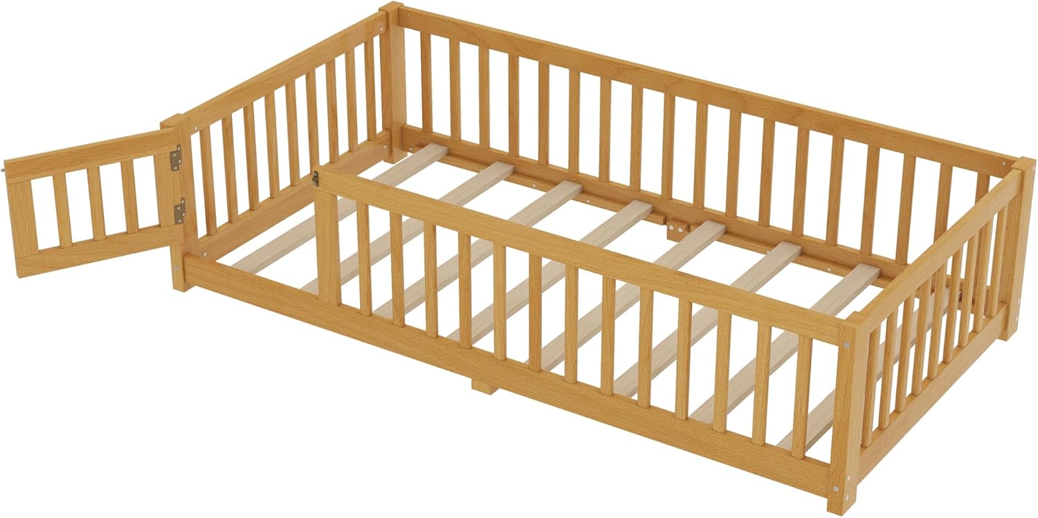 KEIKI Twin Size Floor Bed, Low Montessori Bed with Safety Guardrails and Door, Solid Wood Bed Frame for Boys & Girls, Natural