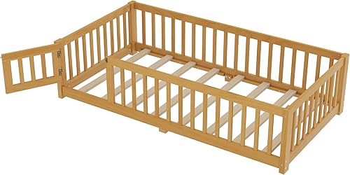 Miniatura 5 de SOFTSEA Montessori - Cama con puerta y barandillas, marco de cama baja de madera maciza con valla, no necesita somier, natural Natural