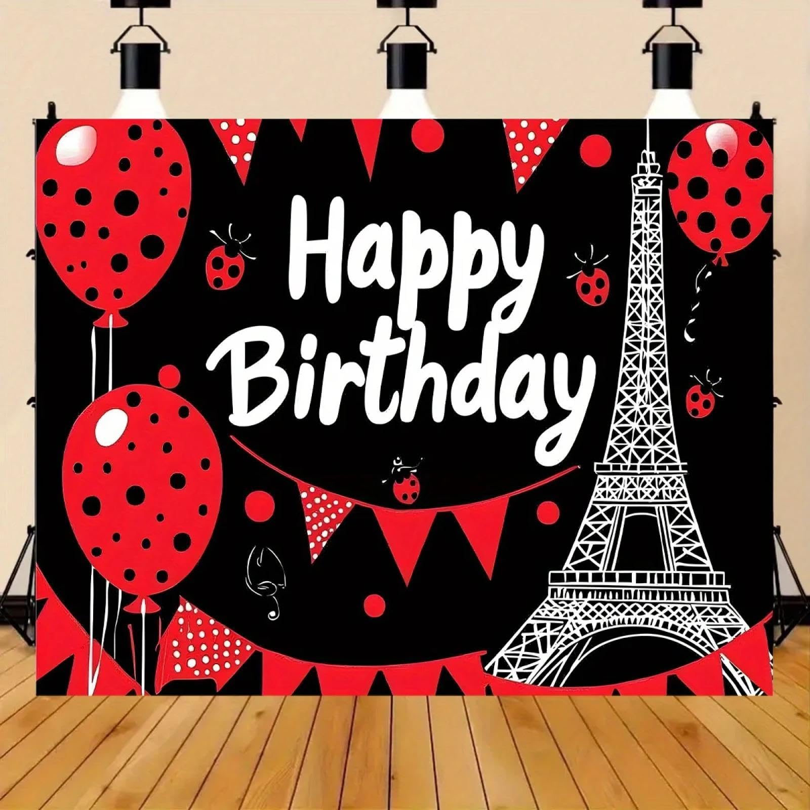 Bannerhintergrund für Geburtstagsparty mit Marienkäfer-Motiven – Happy Birthday-Text mit roten Marienkäfern, Luftballons und Eiffelturm-Motiven 350x230cm