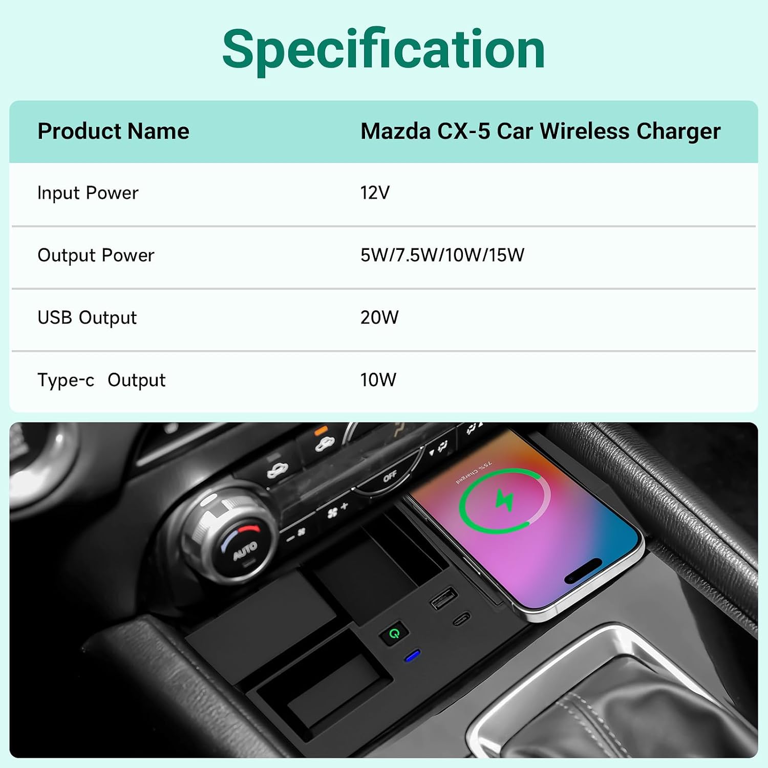 Wireless Car Charger for Mazda CX-5 CX5 2017-2025 Accessories Center Console Wireless Phone Charger Pad Individual Control Wireless Charging Storage Station