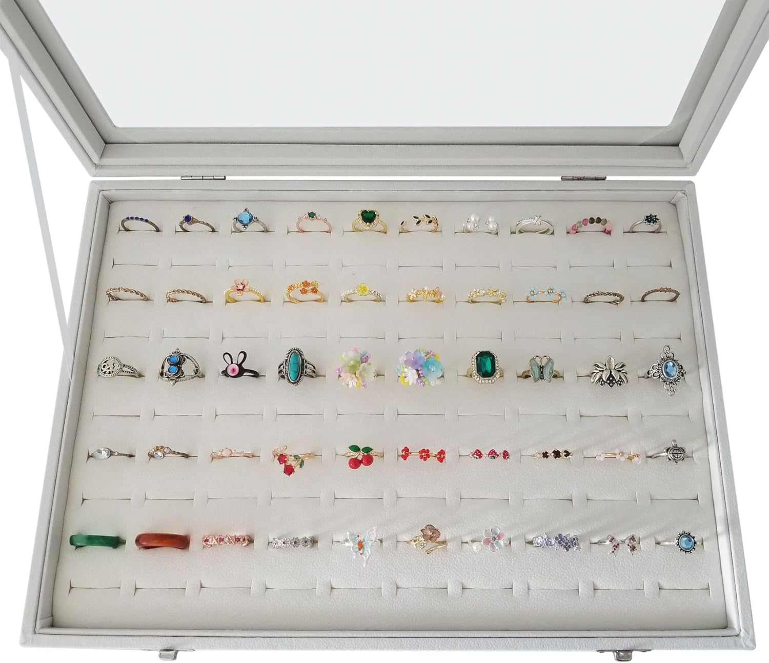 100-Slot Ring Organizer Box with Dust-Proof Transparent Glass Lid, Women Large Jewelry Box for Ring Storage, Display & Protection(Beige)
