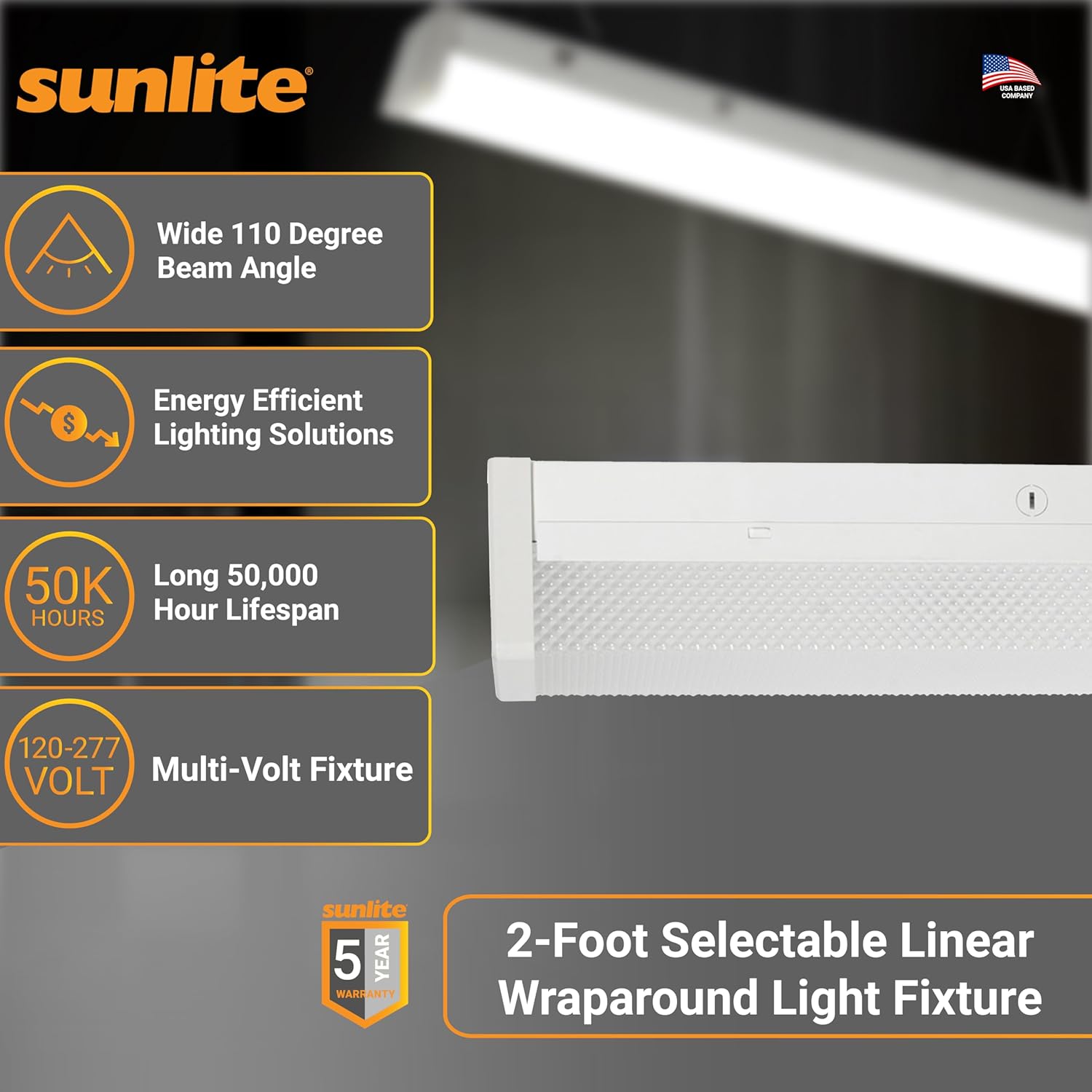 Sunlite 2-Foot Linear Wraparound Light Fixture, Power Selectable 10W/15W/18W, 1150-2070 Lumens, Color Selectable 30K/40K/50K, Dimmable, 110 Degree Beam Angle, 90 CRI, 120-277V, ETL & DLC Listed