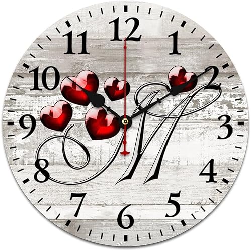 Reloj de madera con monograma de corazón rojo, letra M, letra M, corazón floral, monograma, letra de interior, funciona con pilas, silencioso, sin