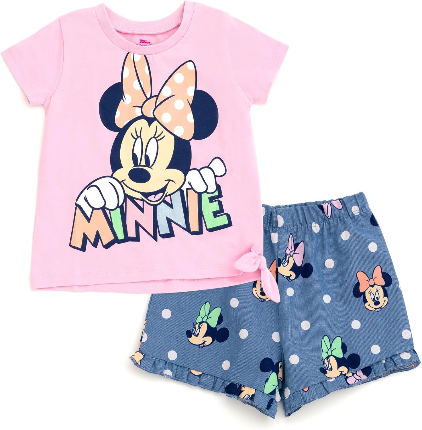 Disney Minnie Mouse Rainbow Floral July 4th T-Shirt and Twill Shorts Outfit Set Infant to Big Kid Sizes (12 Months – 14-16)