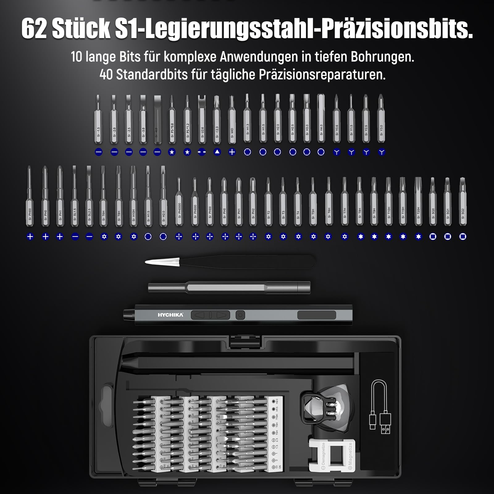 HYCHIKA Elektrischer Precision Schraubendreher Feinmechaniker Set,62-in-1 Electric Screwdriver Set,Präzisionswerkzeug für Elektronik mit Akku,für Handy,Tablet,Xbox,Kamera,Uhr