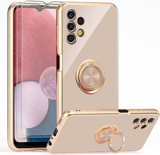 YIRSUR Case Compatible with Samsung Galaxy A13 4G with 2 Screen Protector, with Ring Holder Plating Rose Gold Edge 360° Kickstand Cover Slim Soft Flexible TPU Protective Phone Cases