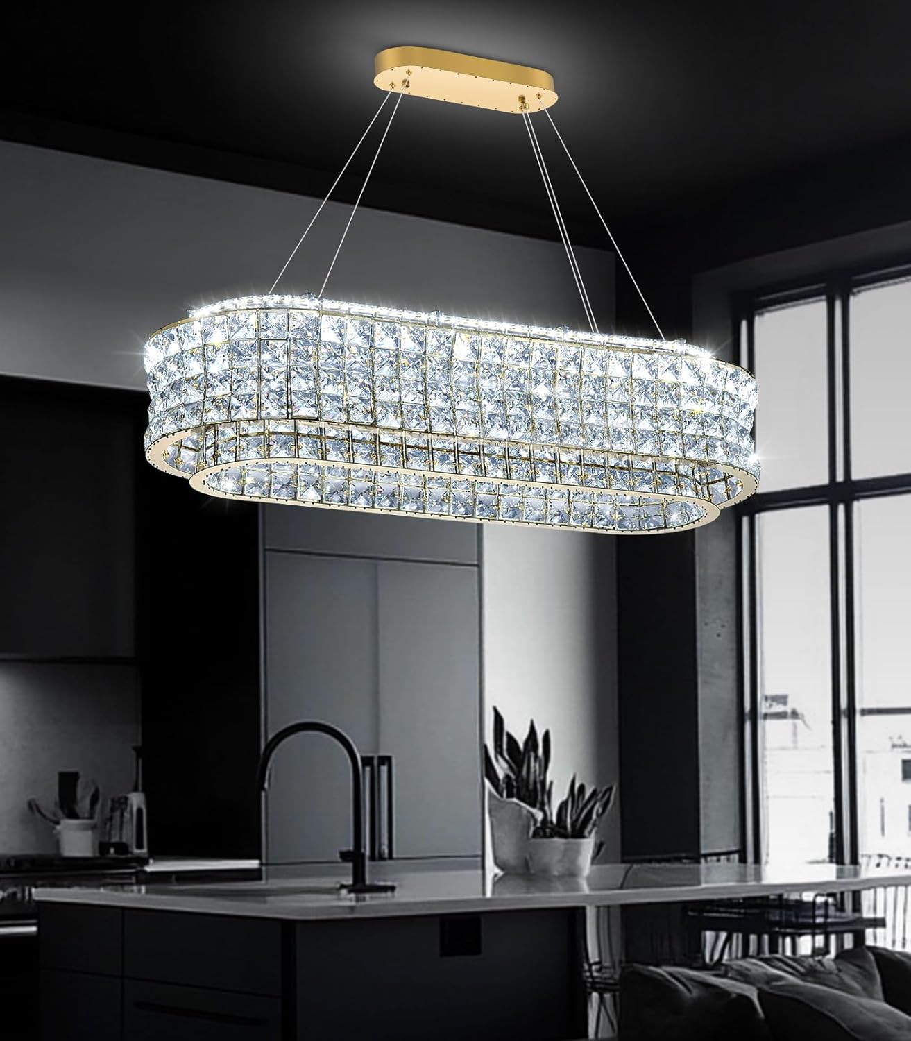 L32 x W12 Modern Chandeliers for Dining Room LED Dimmable Pendant Lighting Ceiling Chandelier Crystal Rectangle Light Fixtures Gold