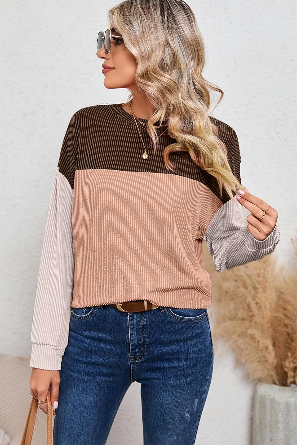 Fashion Color Block Long Sleeve Shirts Women Basic Crewneck Knitted Sweaters Fall Casual Loose Pullover Tops - Image 4