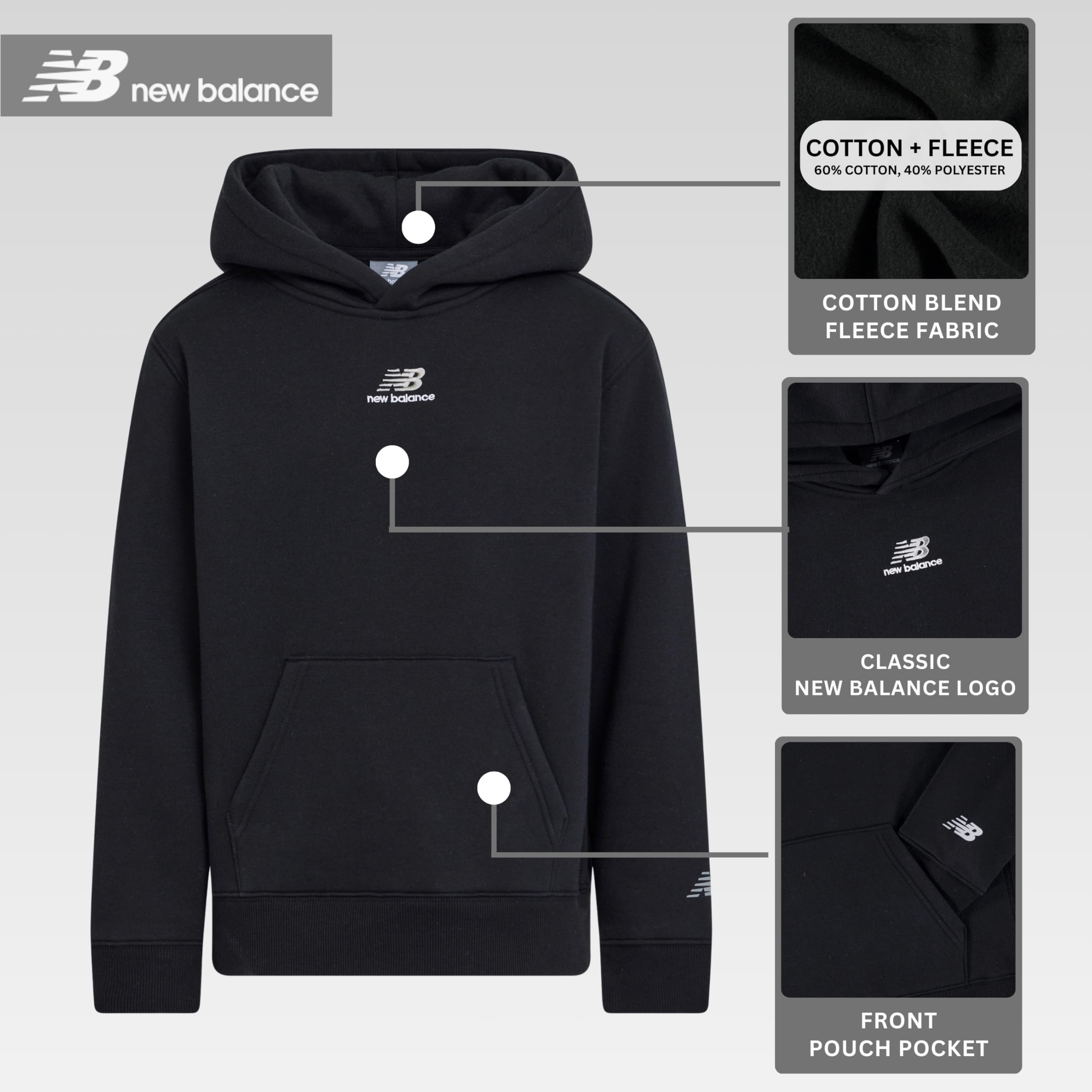 New Balance Sudadera clásica con capucha para niños, cómoda mezcla de algodón y forro polar, tallas 4-20