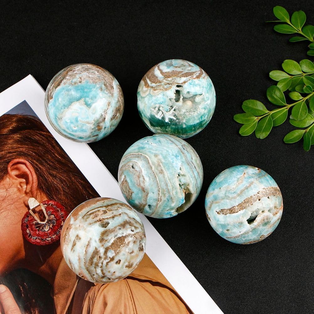 Blue Hemimorphite Stone Crystal Ball Ornament with Stand, Blue Pattern Sphere for, Home & Office Feng Shui Decor,70~80mm
