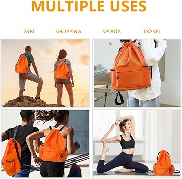 Drawstring Bags, Large Waterproof Sports Backpack Unisex Orange