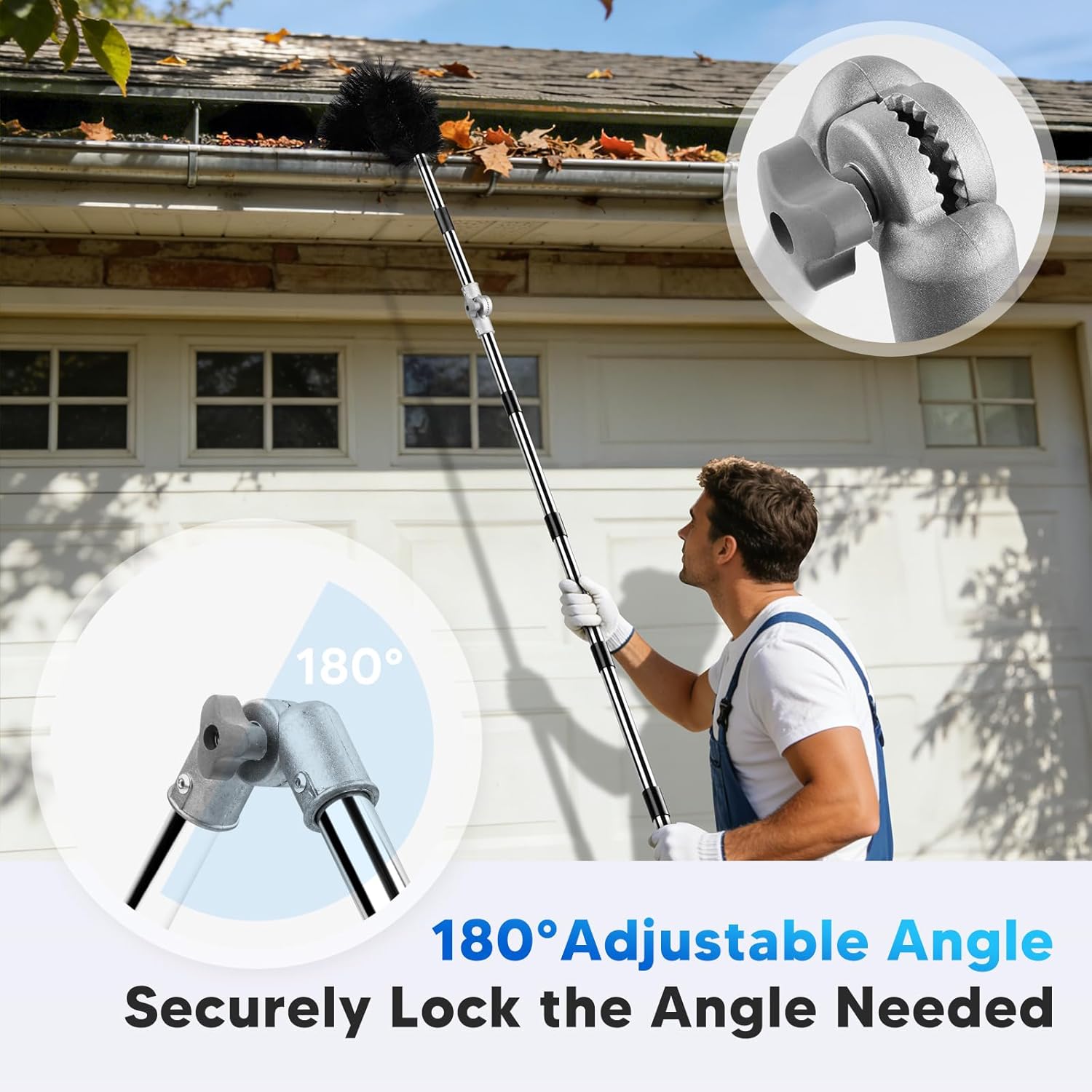 13FT Gutter Cleaning Tools From the Ground, No Ladder Needed - Adjustable Gutter Cleaner Pole with Replaceable Brush & Shovel for Roof Rain Gutters Cleans Leaves and Debris with Grip Tapes