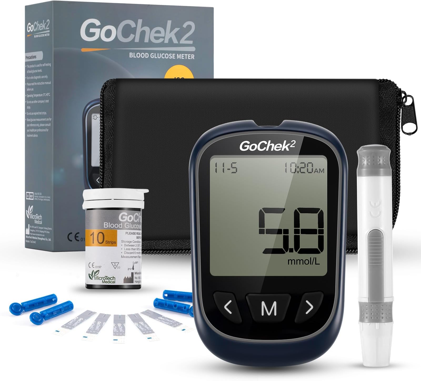 Blood Glucose Monitor Meter Diabetes Test Kit [2023 Upgrade] with Hypo and Ketone Warning, Meal Marker, 500 Memories, Blood Sugar Tester with 10 Test Strips and 10 Lancets - in mmol/L