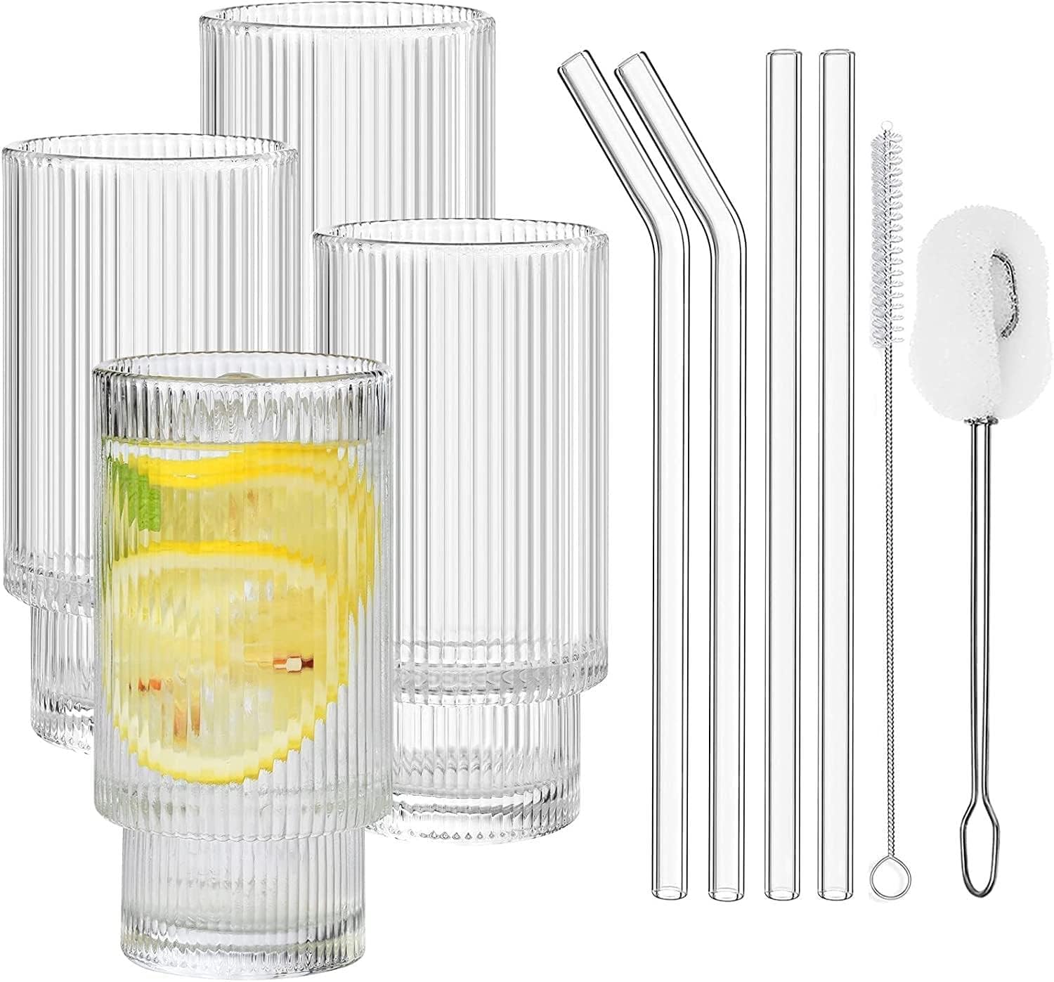 ALINK Ribbed Glassware Drinking Glasses with Straws Set of 4, Vintage Fluted Glassware Iced Coffee Cups, Origami Style Ridged Glass Tumbler for Coocktail, Whiskey, Beer, Water- 2 Cleaning Brush