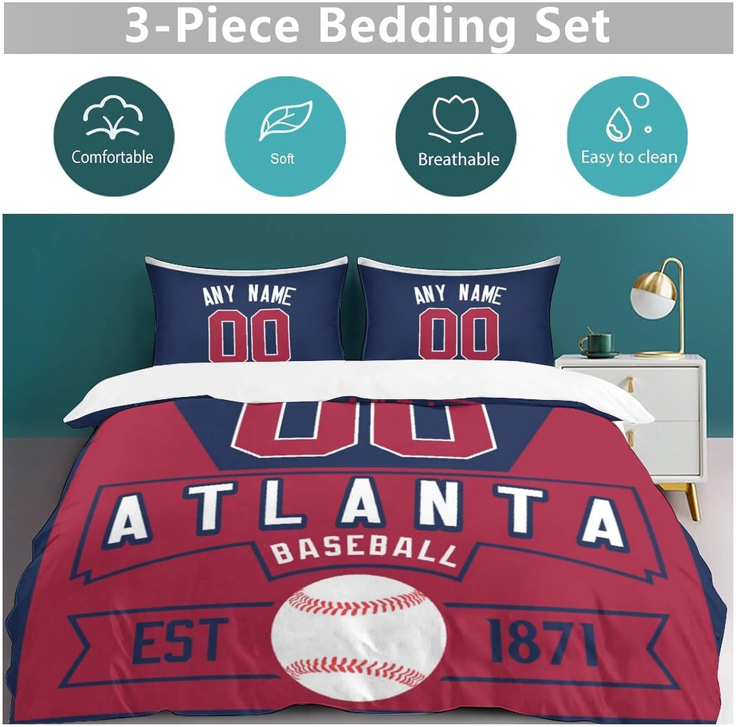 Custom Baseball Comforter Set,3 Piece(1 Comforter Cover+2 Pillowcases)Comforter Set,Quilt Bedding Set for Baseball Fans,Personalized Name Number,Soft and Lightweight,Sports Baseball Bedroom Decor
