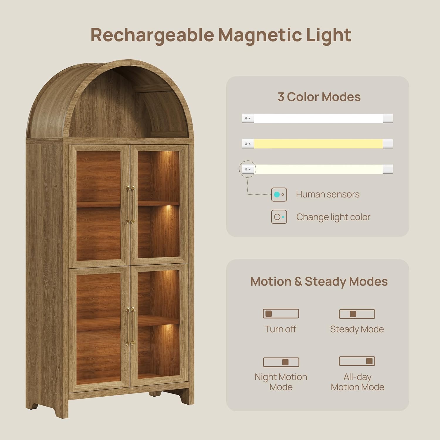 SICOTAS 74" Display Cabinet with Glass Door, Modern 5-Tier Arched Bookcase with Rechargeable 3-Color LED Lights & Motion Sensor, Large Pantry Cabinet for Kitchen Home Office (Brown Oak, 1 Piece)