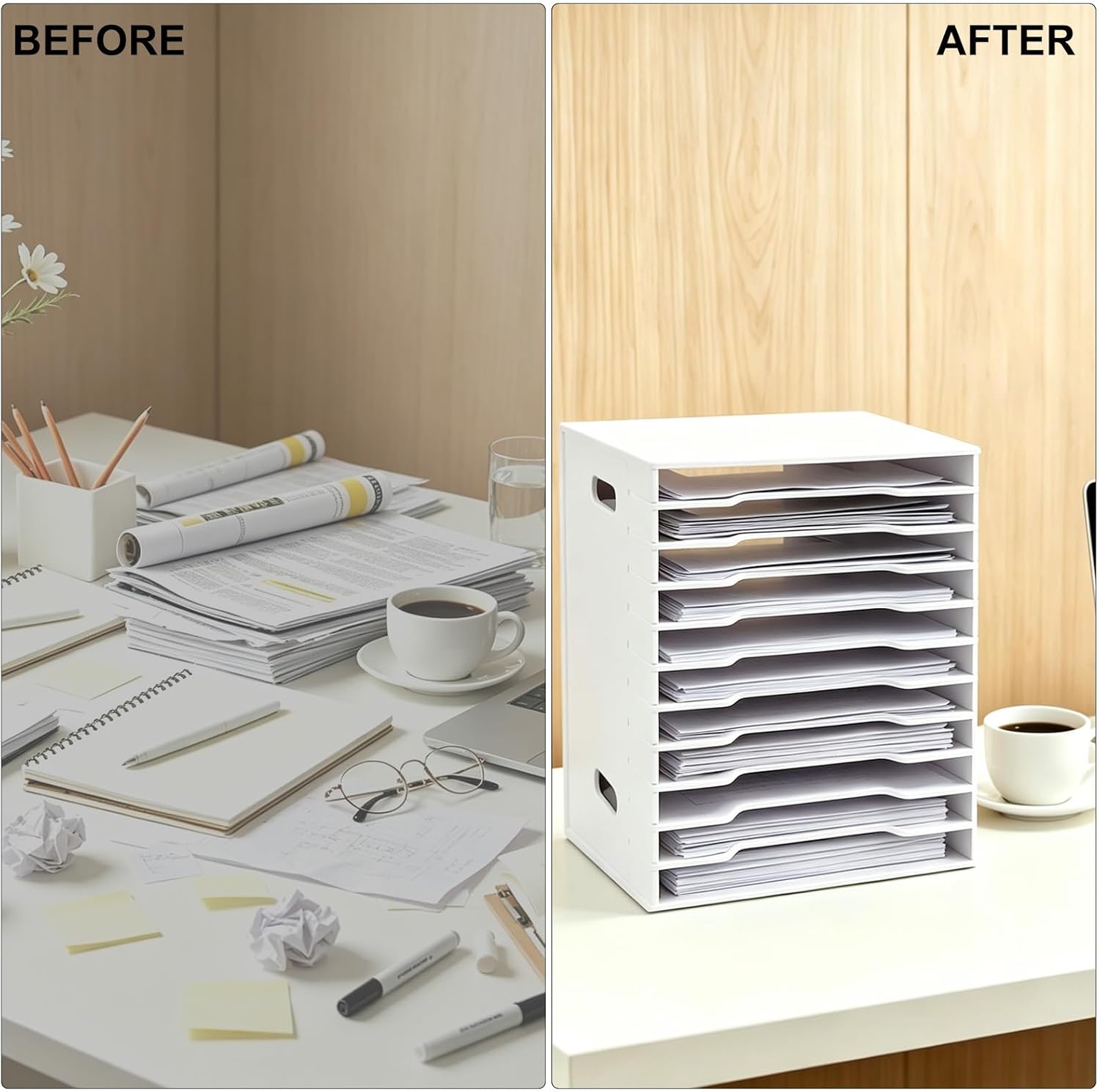 12-Tier Adjustable Paper Organizer for Office Desk School Classroom. 12 x 12'' White image 4