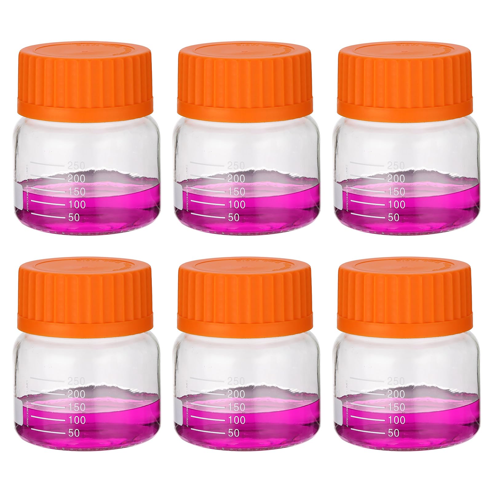 PATIKIL 6 Pezzi Bottiglie Da Laboratorio Per Reagenti, 250ml Vetro Borosilicato A Bocca Larga Con Misura Graduata E Tappo Arancione GL32 Per Liquidi Reagenti, Trasparenti