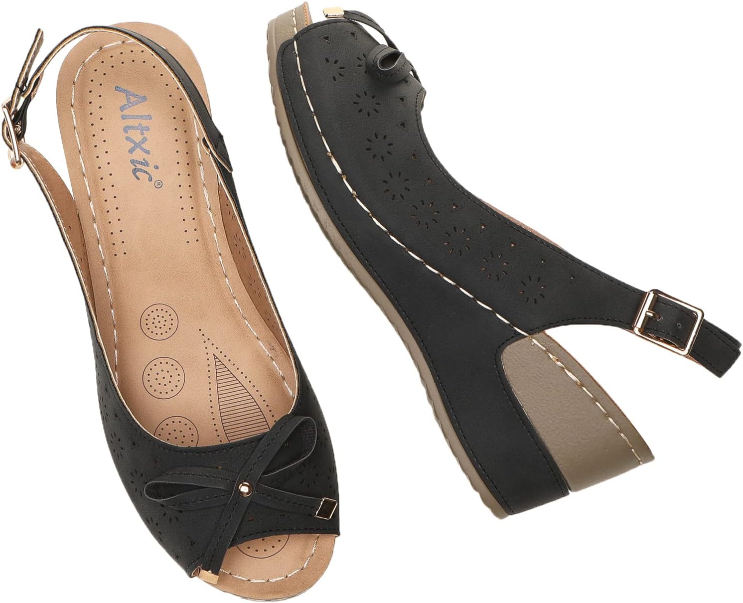 Altxic Women's Peep Toe Bow Hollow Out Slingback Platform Wedge Sandals - Image 7