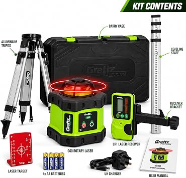 Grettz G60 Rotary Laser Level Kit – Red Beam, Self-Levelling, 400m Range with Receiver, ±3mm Accuracy – Includes Aluminium Tripod, 2m Staff & Hard Case – Outdoor Site Laser