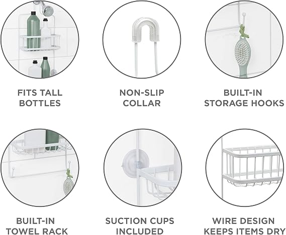 Zenna Home Hanging Shower Caddy, Rustproof White Steel Organizer with 2 Wire Baskets, Built-in Washcloth Bar, and Razor/Sponge Hooks No Drilling Over Shower Head Shower Rack