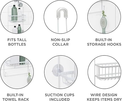 Zenna Home Hanging Shower Caddy, Rustproof White Steel Organizer with 2 Wire Baskets, Built-in Washcloth Bar, and Razor/Sponge Hooks No Drilling Over Shower Head Shower Rack