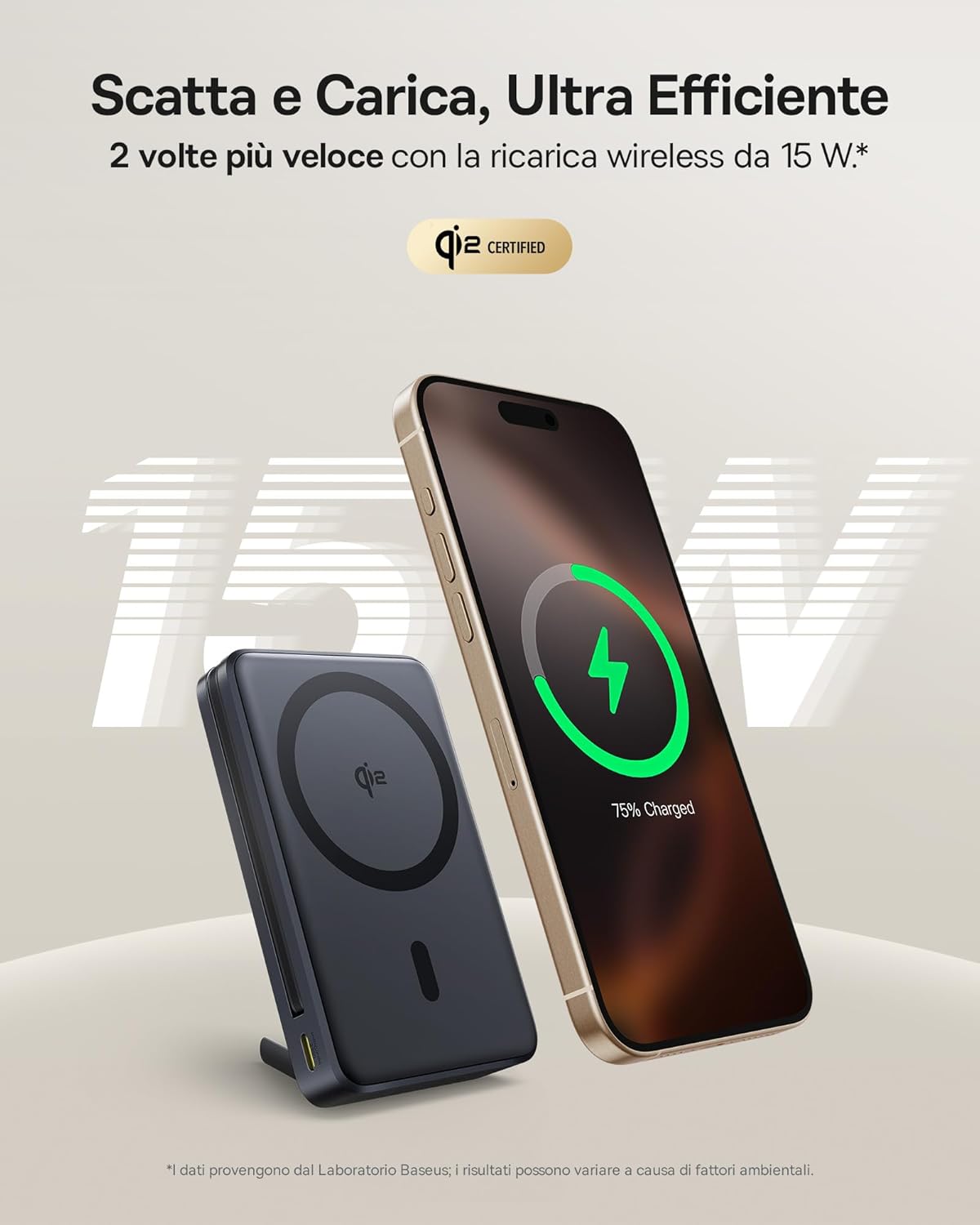 Baseus Nomos Qi2 Magsafe Power Bank magnetically attached to an iPhone, showing 15W wireless charging in progress.