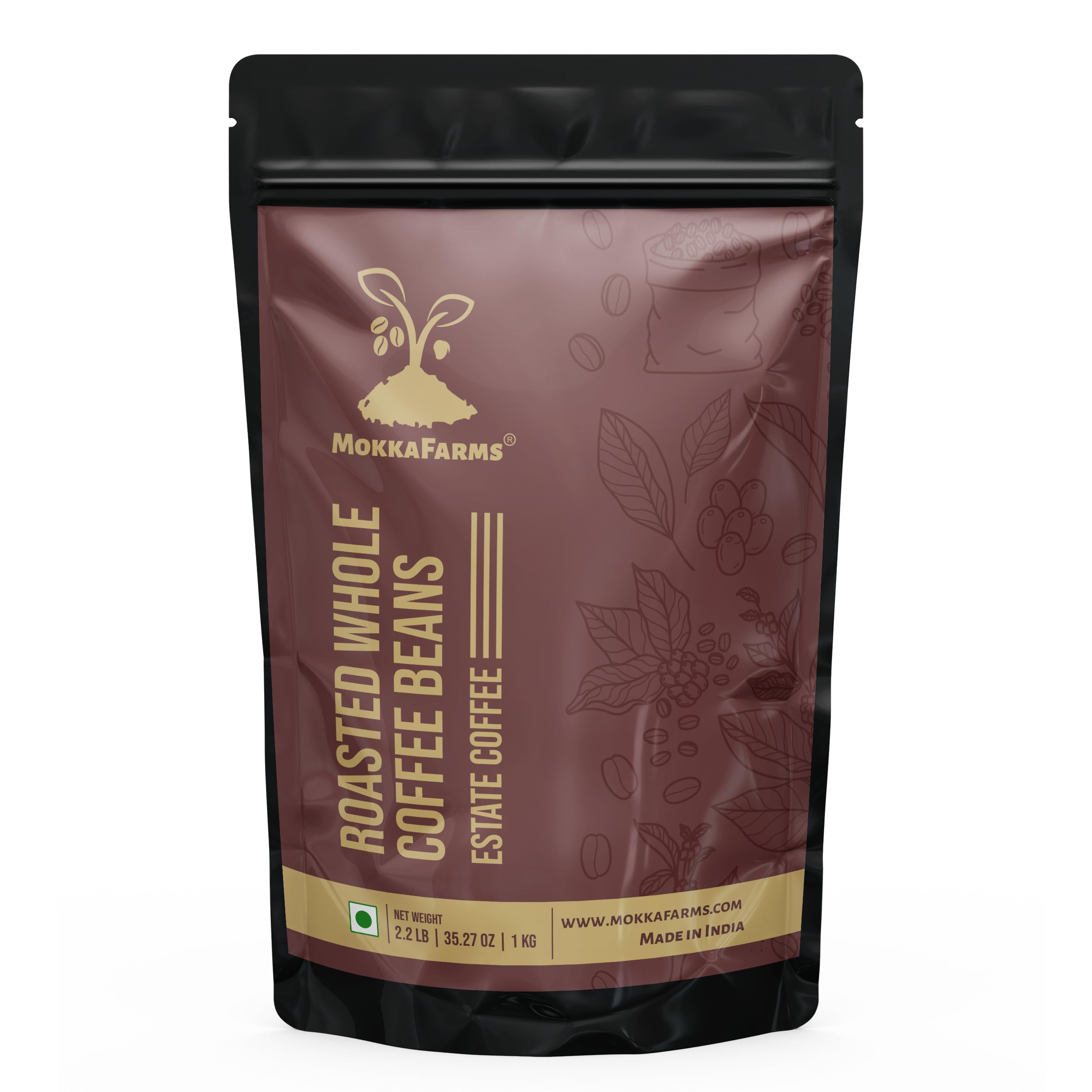 MokkaFarms Roasted Whole Coffee Beans 1 Kg - 100% Pure Arabica | Medium Roast, Fresh Estate Coffee | Graded A/AA Bean | Authentic, Flavour, Aromatic | Farm to Fork | One Way Valve/Zip-Lock Bag |