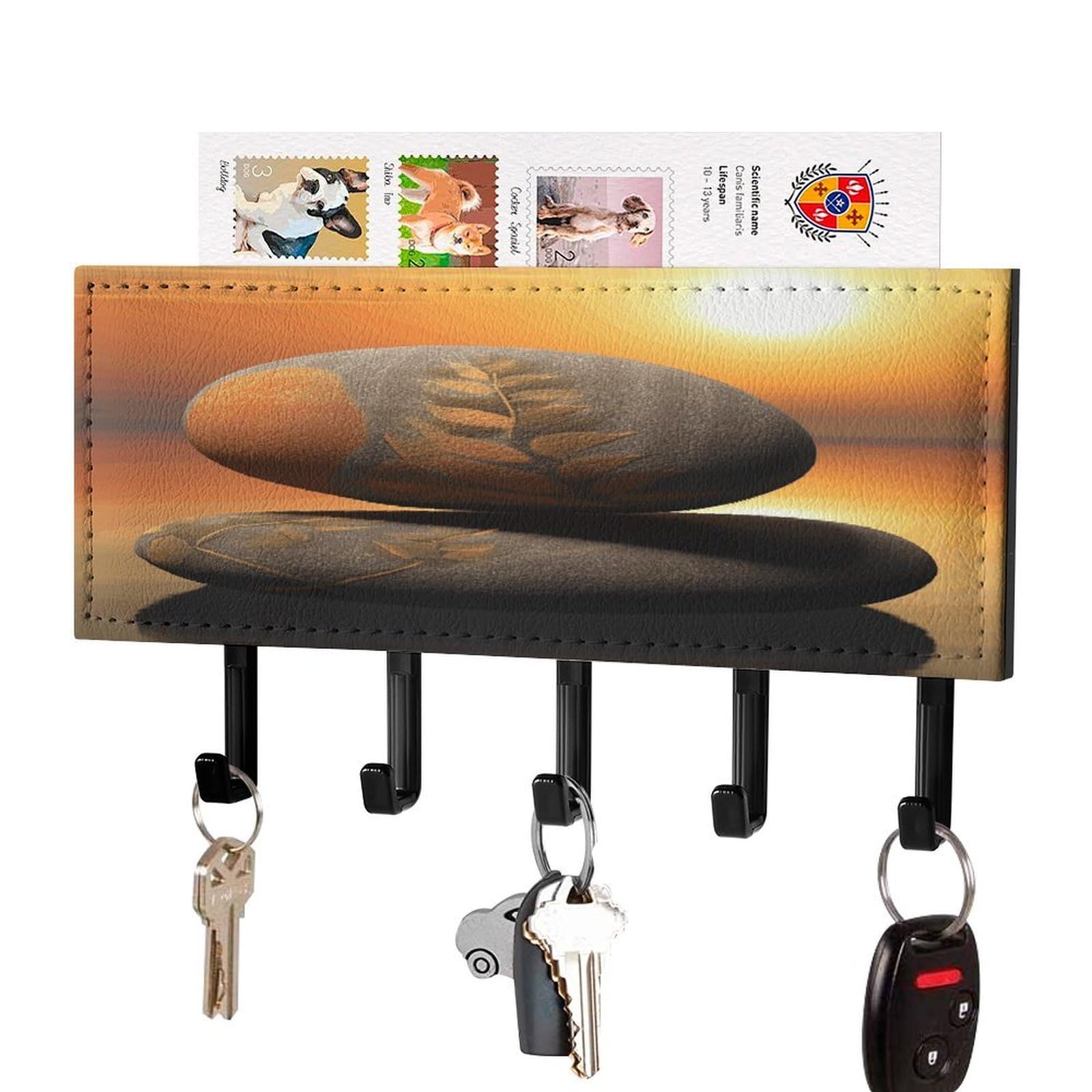 MUSM Sunrise Landscape Zen Stone Key Holder for Wall,Mail Organizer Wall Mount with 5 Hooks,Easy Installation Key Rack for Home Decor, Hallway, Entryway, Appartment
