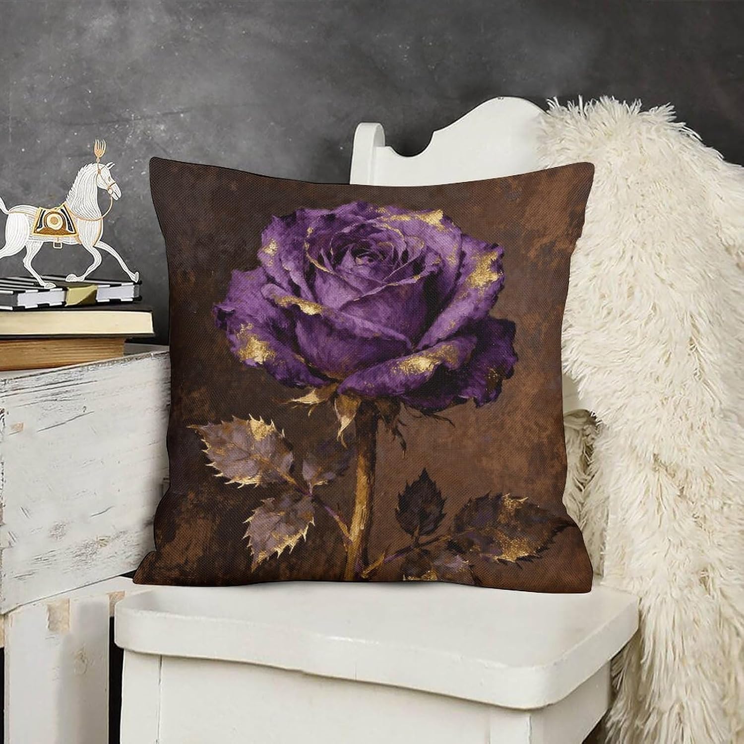 Purple Rose Pillow Protectors Cute Waterproof Pillow Cover Soft Skin-Friendly Cushion Case Decorative Square Cushion Cover for Couch Sofa Bed Living Room Bedroom