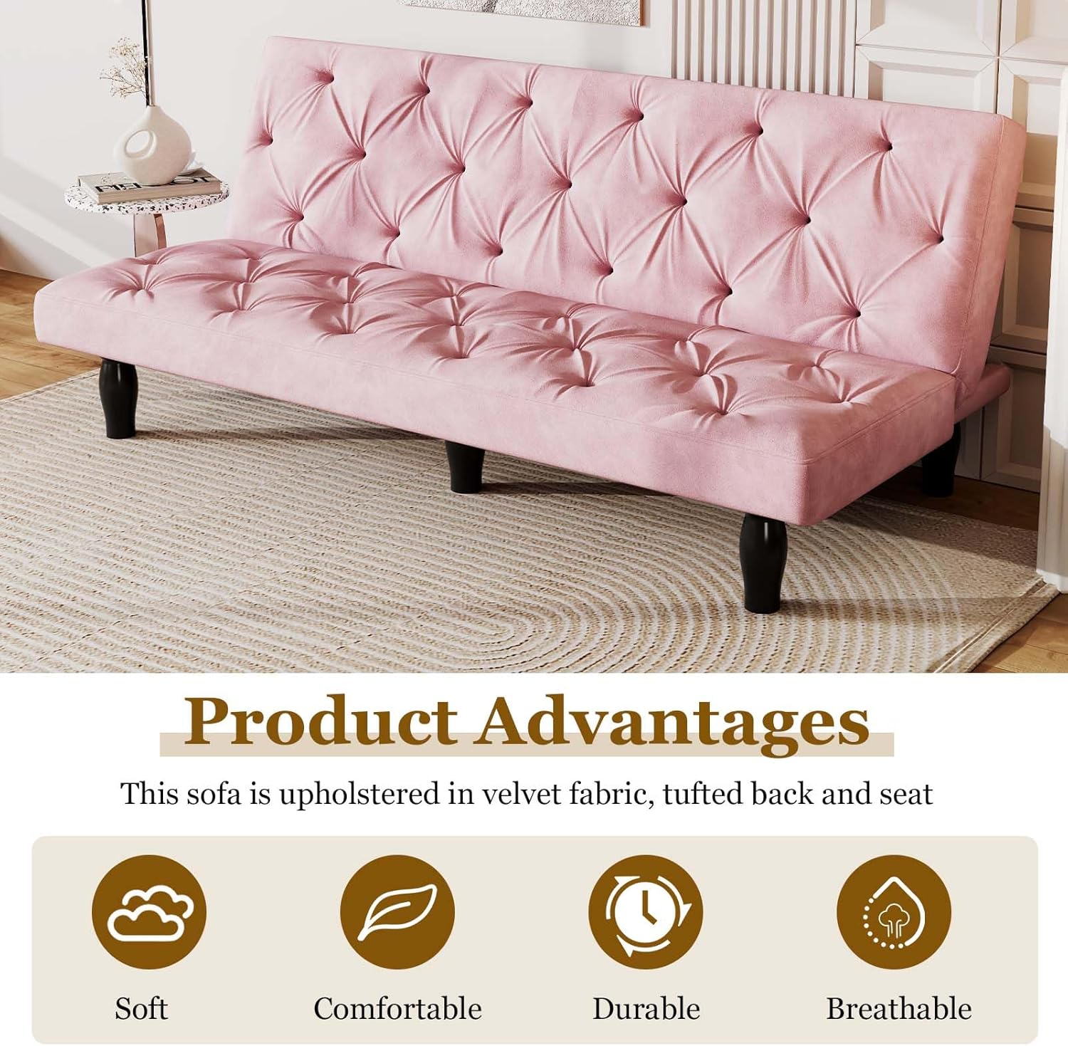 Anwick 3-in-1 Futon Sofa Bed, 66" Velvet Love Seat Sleeper Bed with Adjustable Backrest, Multifunctional Reclining Couch Sofas for Small Spaces, Living Room, Office, Guest Room (Pink)
