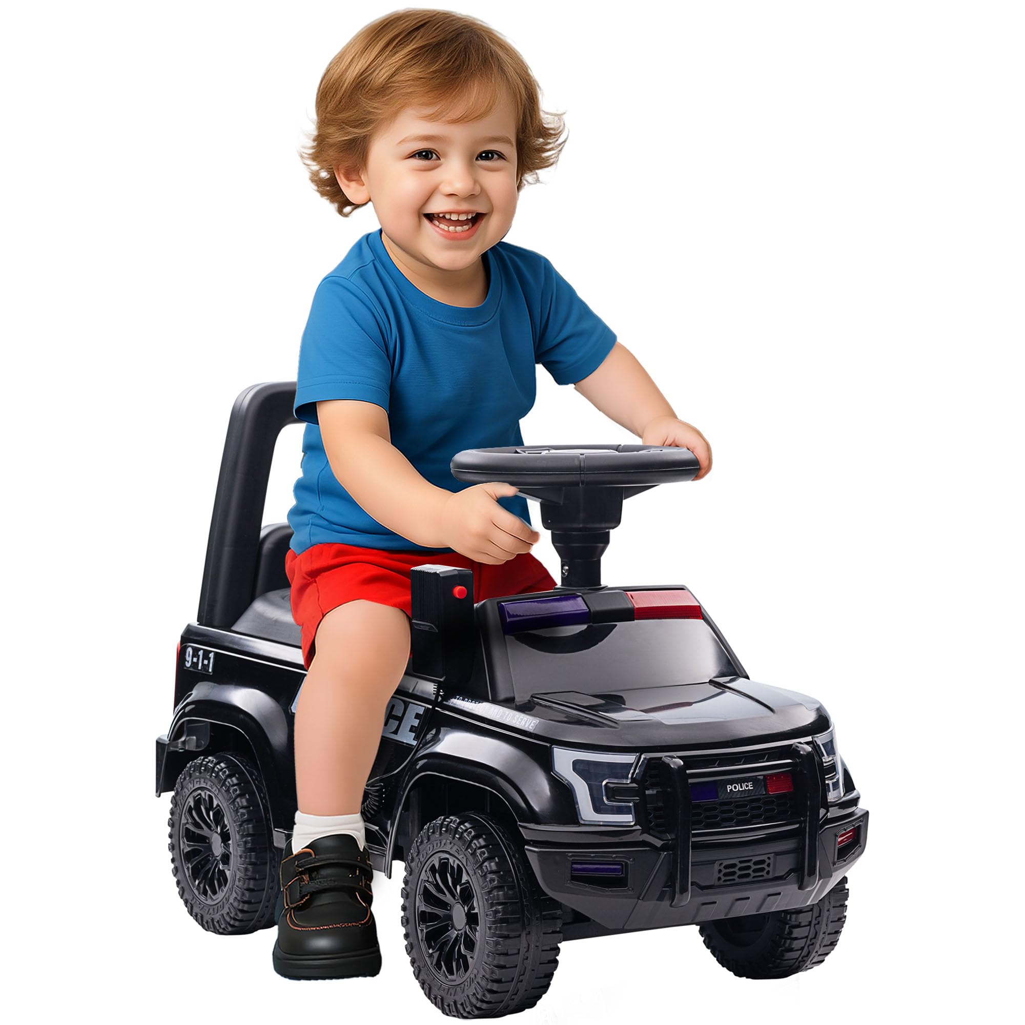 Aosom Kids Push Ride On Car with Working PA System and Horn, Police Truck Style Foot-to-Floor Sliding Car for Boys and Girls with Under-Seat Storage,