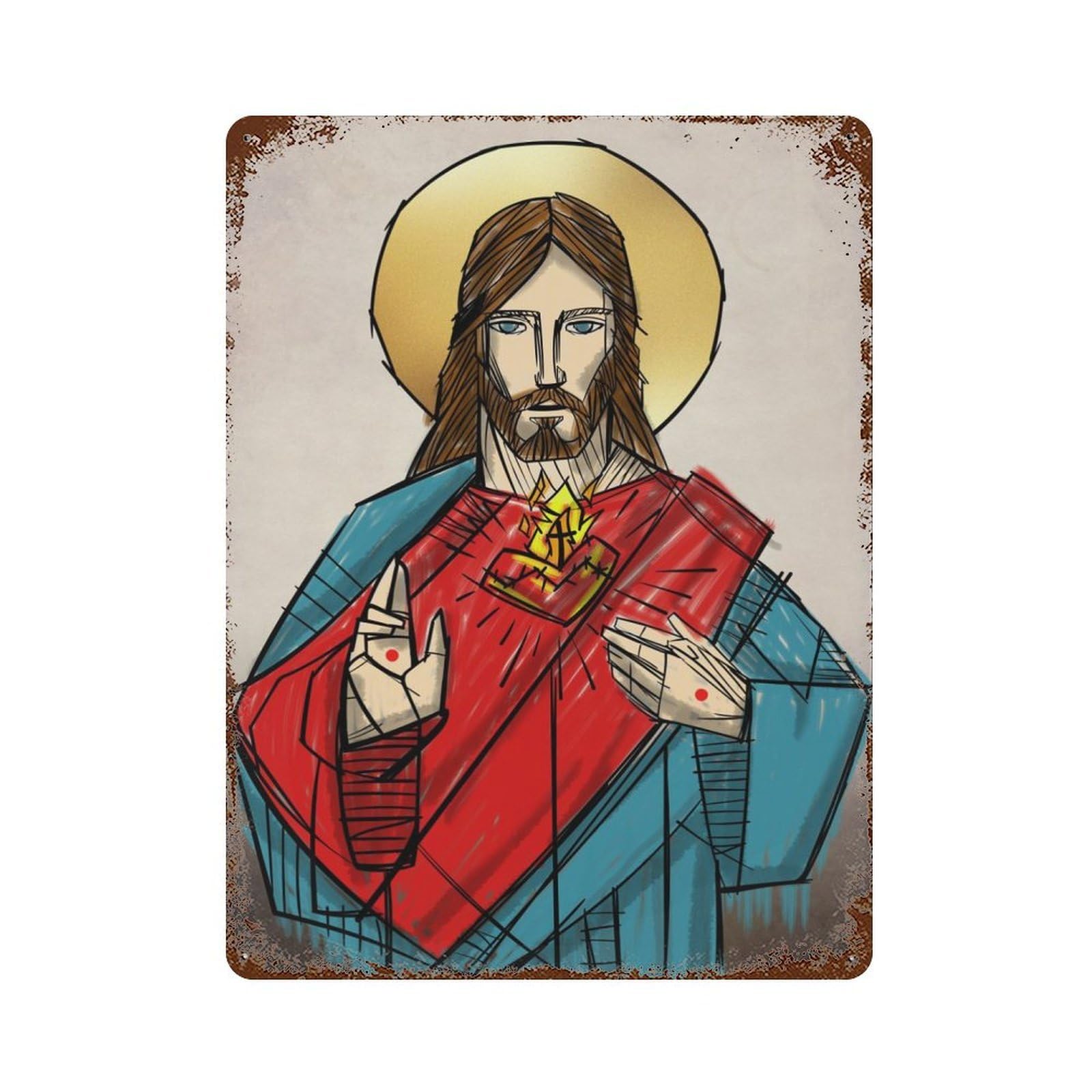 Sacred Heart of Jesus 15.7"x11.8" Aged Metal Wall Plaque, Retro Wall Decor for Farmhouse, Kitchen And Entryway Decor