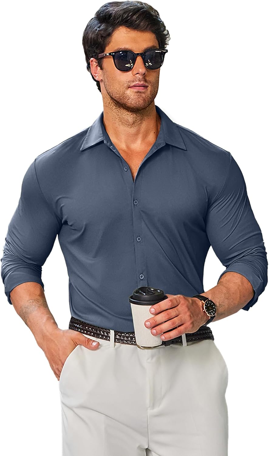 COOFANDY Mens Stretch Dress Shirts Muscle Fit Wrinkle Free Long Sleeve Button Down Shirt Business Casual Shirts - Image 2