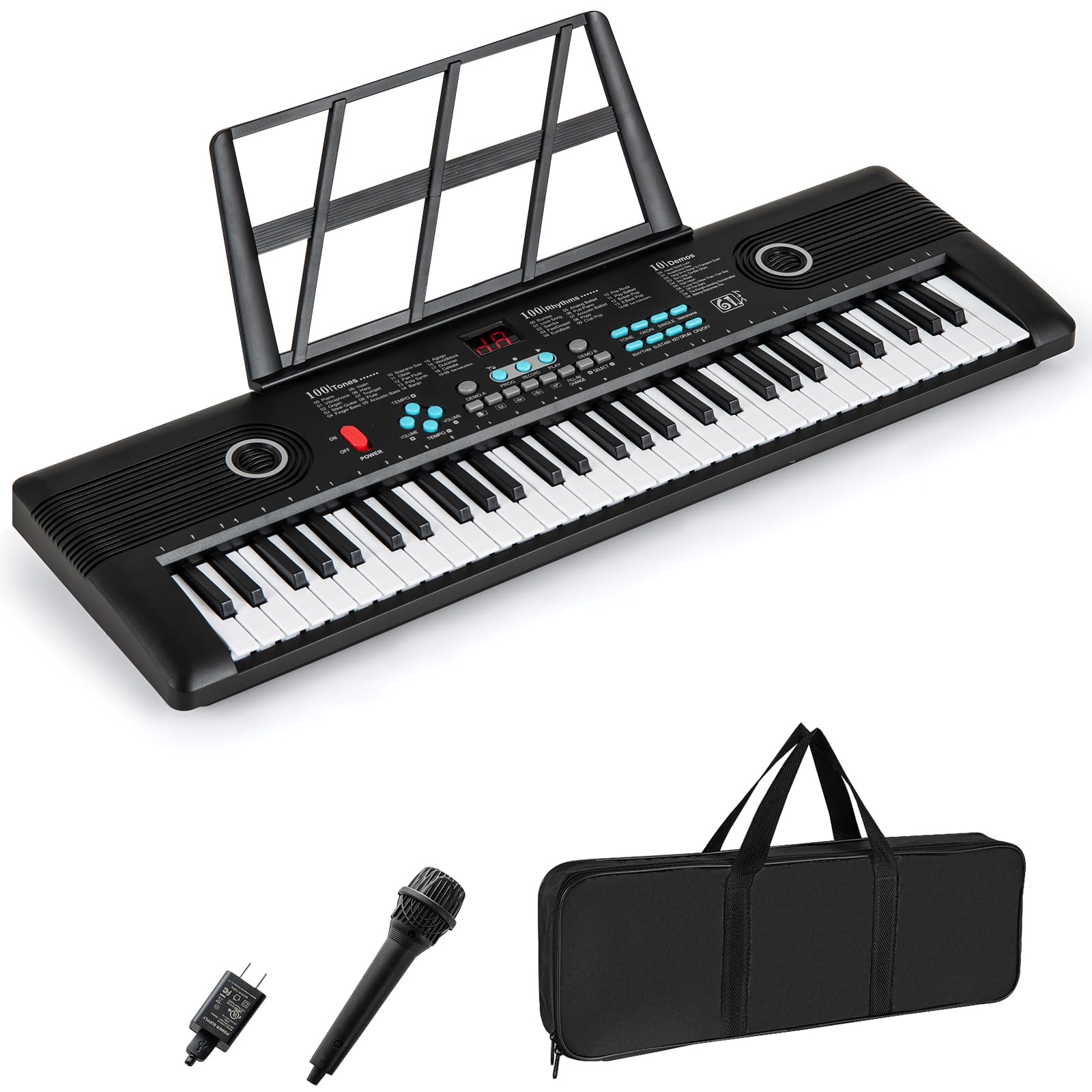 LDAILY Piano de teclado de 61 teclas, piano digital electrónico con micrófono de altavoz integrado, soporte para partituras y adaptador de corriente, teclado de piano portátil para principiantes