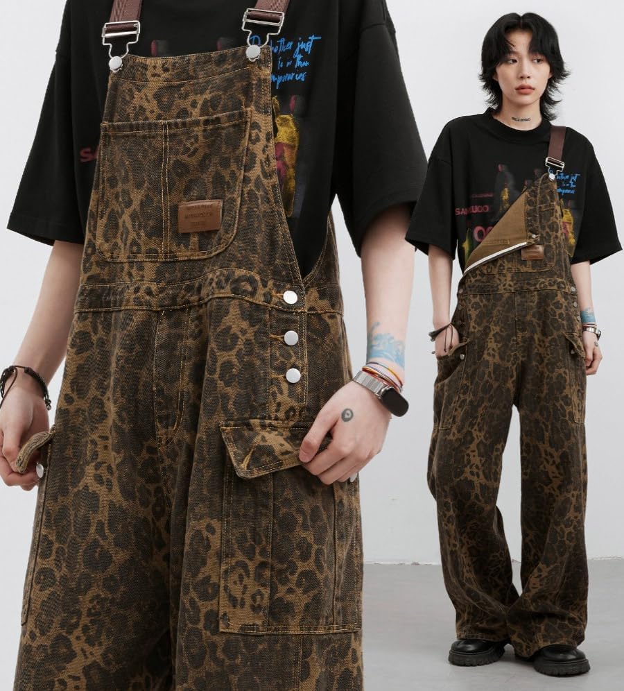utcoco Women 2025 Fahsion Leopard Denim Bib Overalls Adjustable Straps Wide Leg Jeans Jumpsuits Rompers with Pockets - Image 5