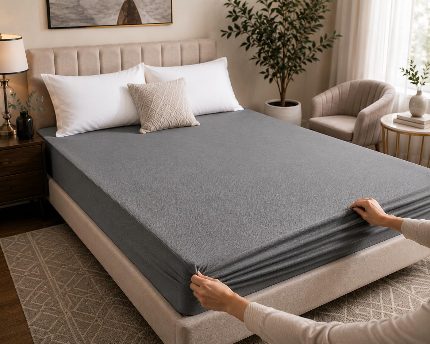 100% Waterproof Premium Mattress Protector for Double Bed | Cotton Feel Mattresses Cover | Elastic Fitted | Fits Upto 10 Inch | Bed Protector Cover (75 * 75 (Queen) Grey-)-image-44