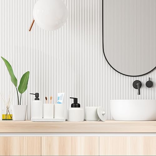 Miniatura 6 de Juego de accesorios de baño blanco - 6 piezas soporte para cepillos de dientes, dispensadores de jabón de loción y espuma, soporte Qtip, bandeja de