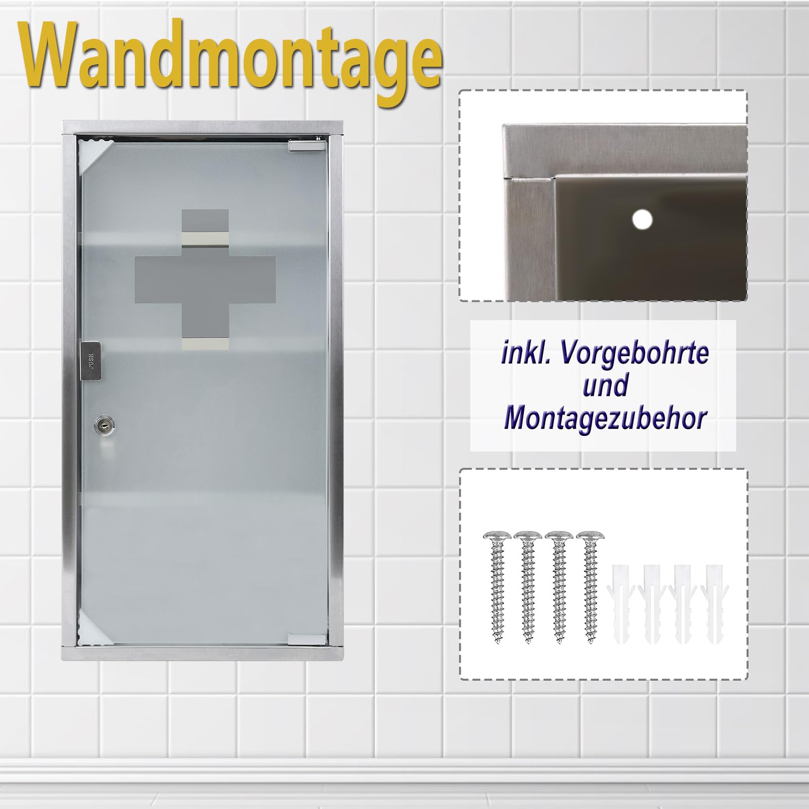 YRHome Armoire à pharmacie en acier inoxydable - 4 compartiments avec porte en verre et serrure verrouillable - 57,5 x 30 x 12 cm