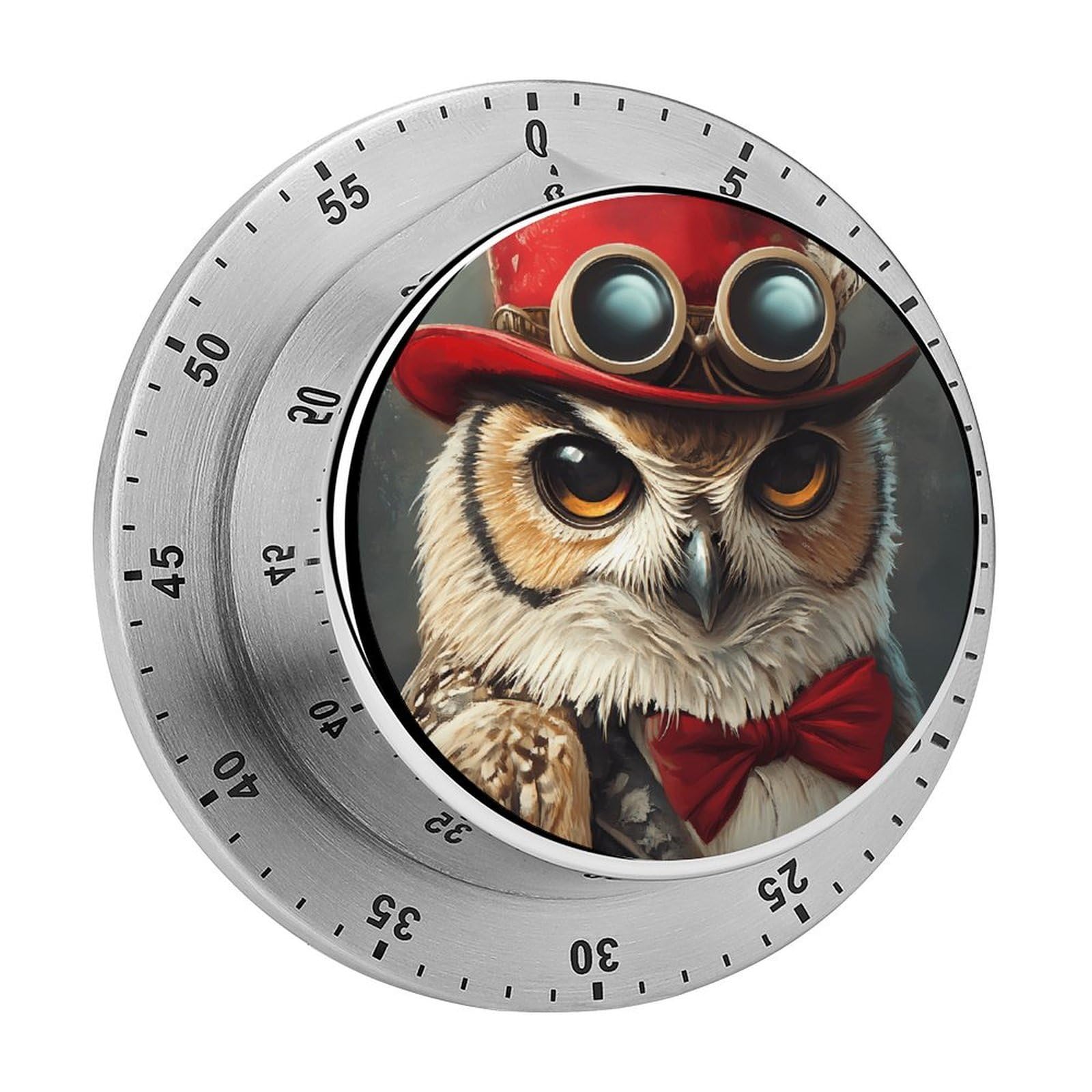 Gentleman Owl with Bowler Hat Mechanical Timer with Alarm for Kitchen Cooking Productivity Stainless Steel Timers
