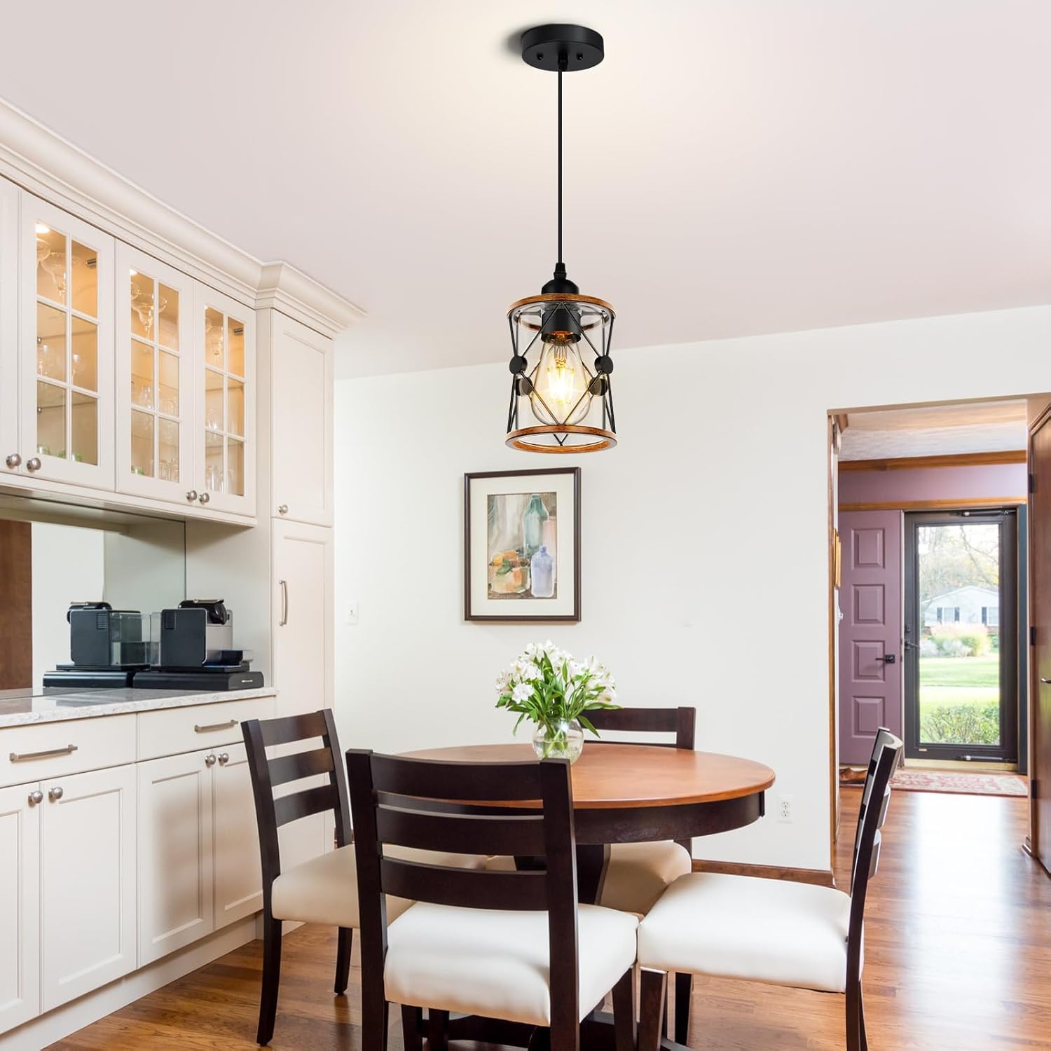 Farmhouse Pendant Light, Rustic Pendant Lights Kitchen Island, Pendent Light with Wooden Frame, Metal Case, E26 Bulb Base (Wood-3P, 3 Pack)