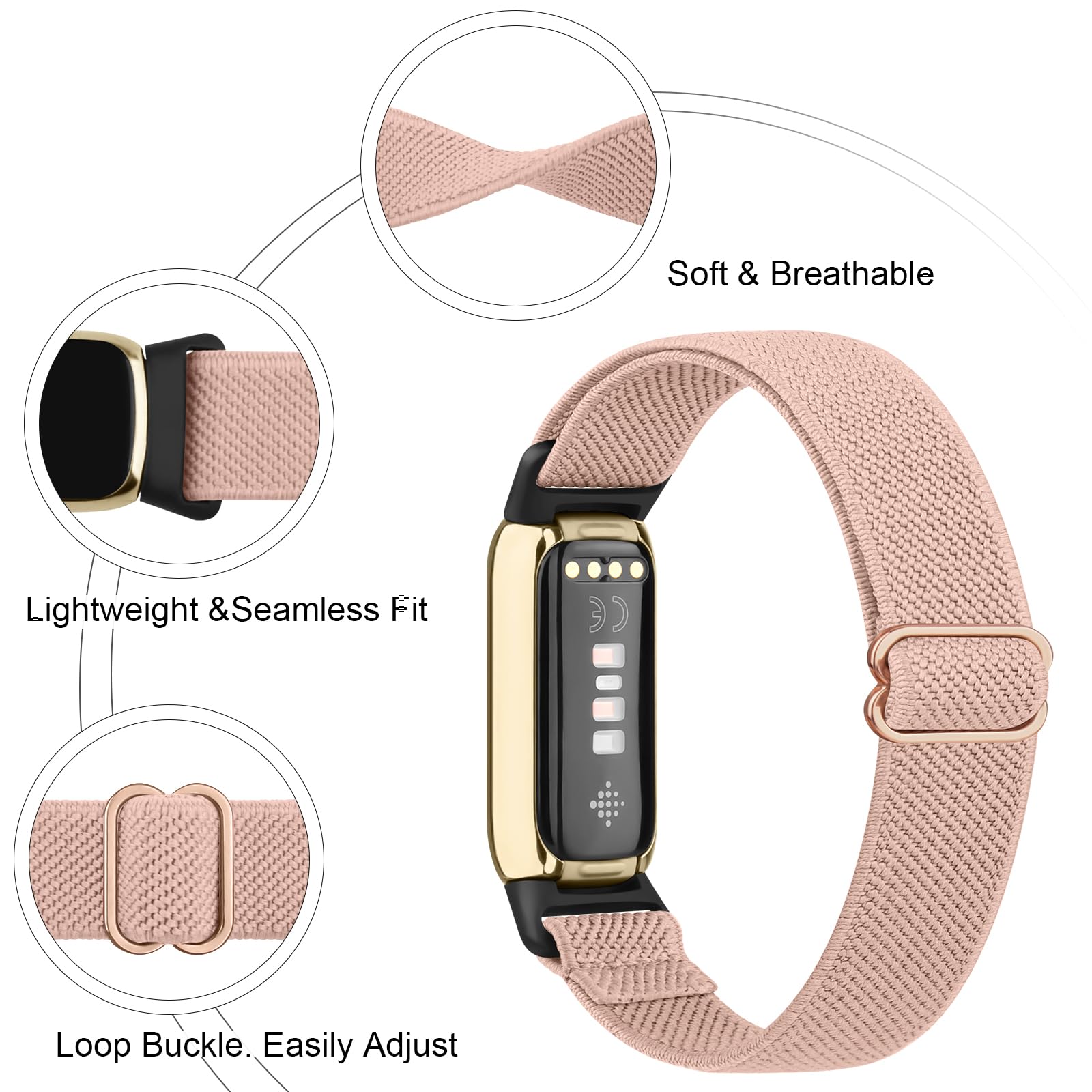 2 Pack Adjustable Elastic Bands for Fitbit Luxe Bands, Soft Stretchy Nylon Loop Strap Replacement Wristband for Fitbit Luxe/Luxe Special Edition Fitness Tracker Women Men (Pink/Starlight)